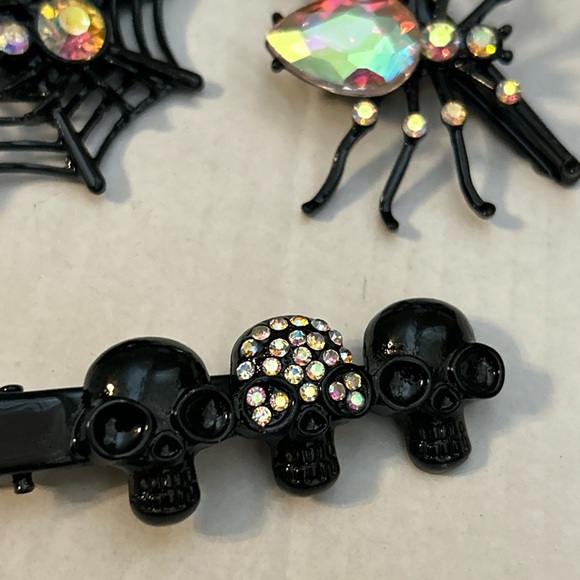Skulls & Spider Hair Accessory Clip Black W/Red Rhinestones Emo Goth Set Of 3 - Picture 5 of 9